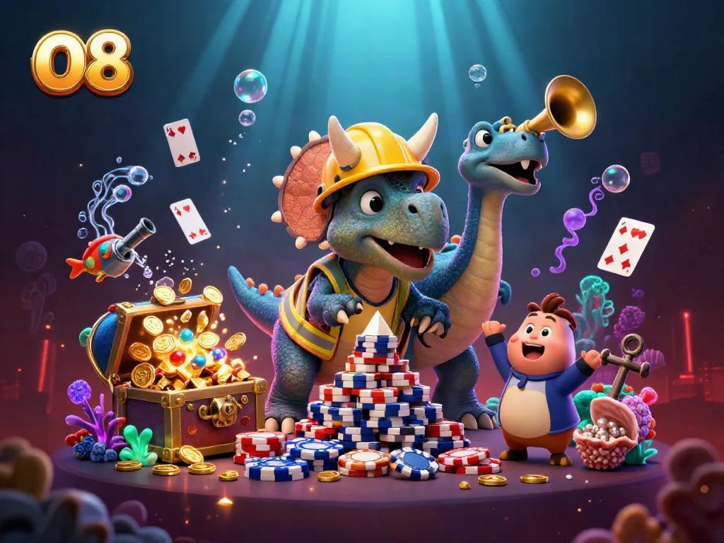 Experience the vibrant world of O8 with fun characters celebrating a big poker win underwater.