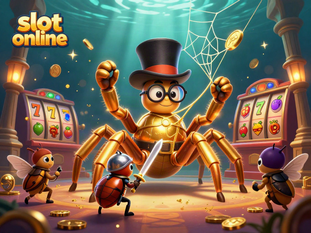 Experience thrilling slot online excitement with a golden tarantula weaving luck-filled webs in this casino scene.