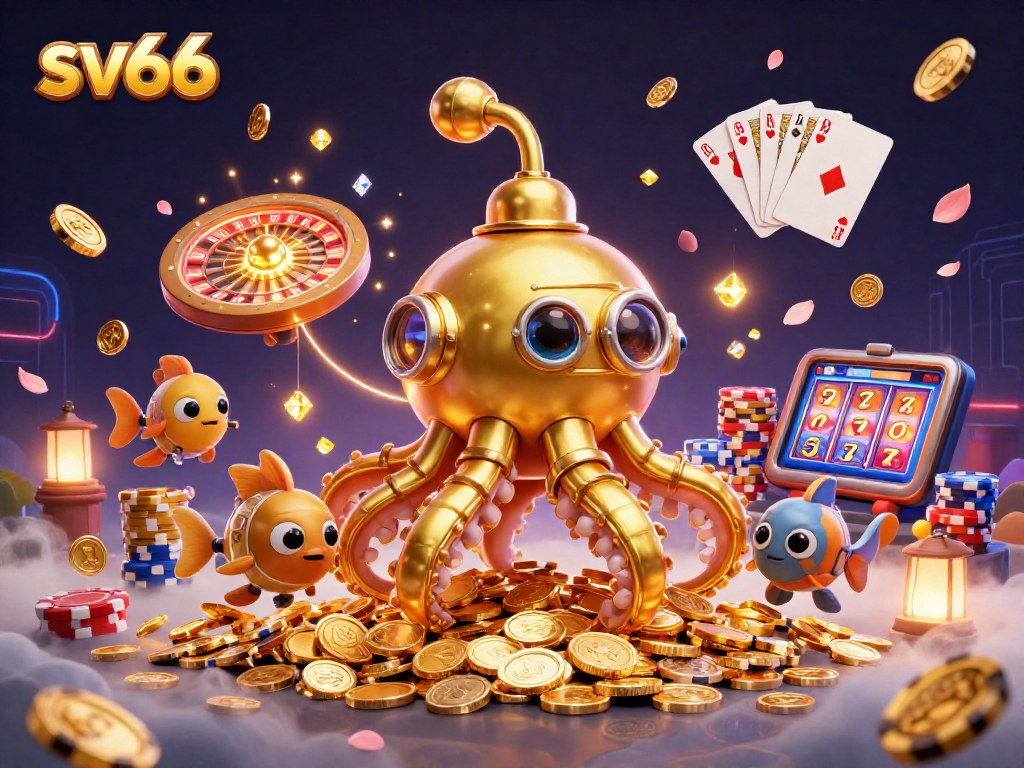 Experience thrilling gameplay at sv66 with a dynamic scene of a golden kraken submarine and casino elements.