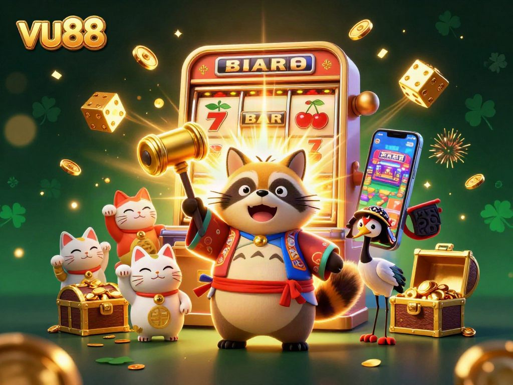 Experience thrilling wins with vu88 featuring a festive tanuki and jackpot slots illustration.