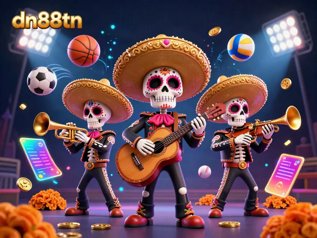 Experience thrilling gameplay at dn88tn with dynamic sports-themed 3D illustrations featuring a mariachi band.