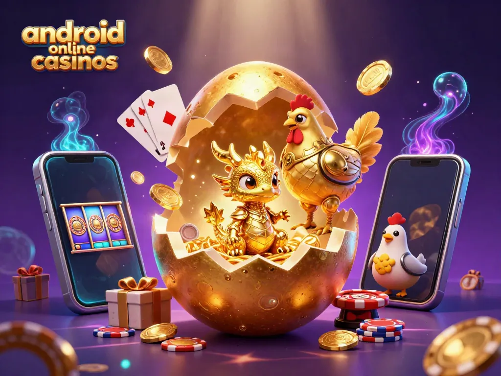Experience thrilling android online casinos with a vibrant scene showing a golden dragon and gaming elements.