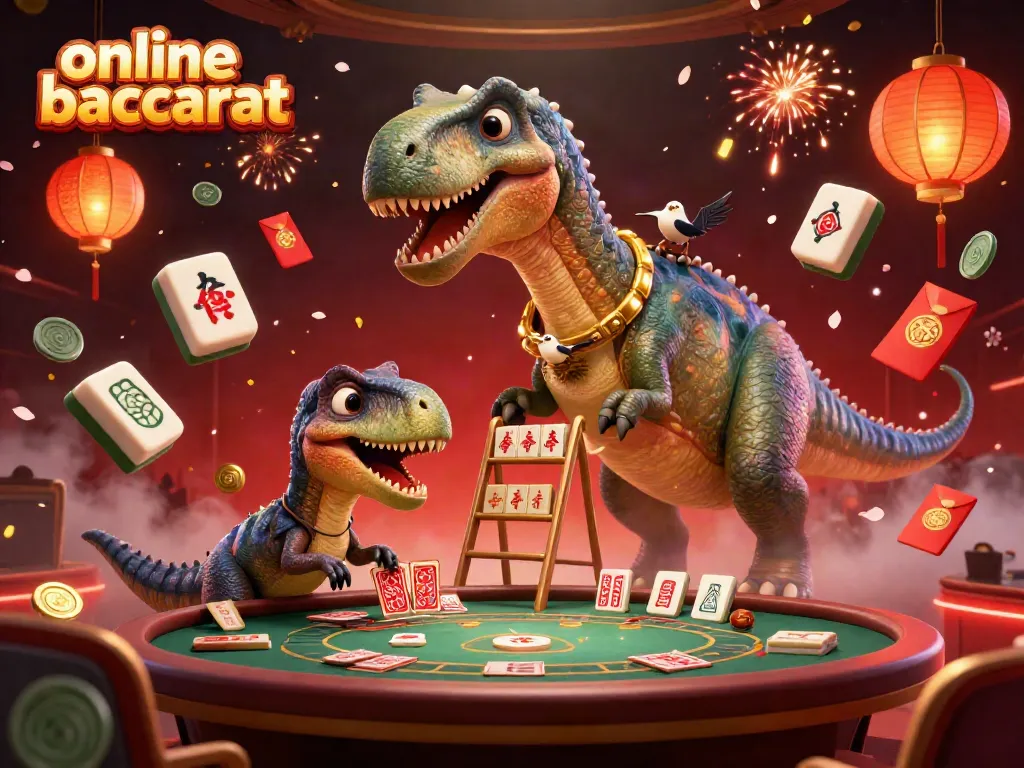 Engage in online baccarat with an interactive 3D scene featuring a brontosaurus and a raptor dealer.