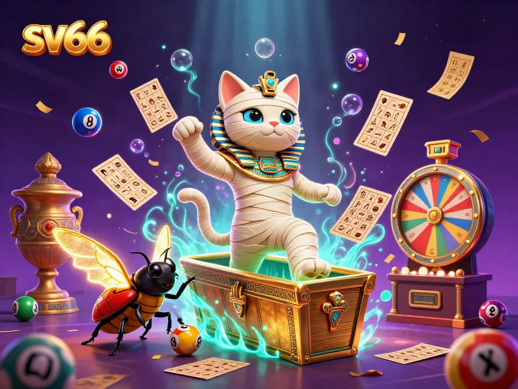 Experience the excitement of sv66 with an Egyptian mummy cat bursting from a sarcophagus in a vibrant casino scene.