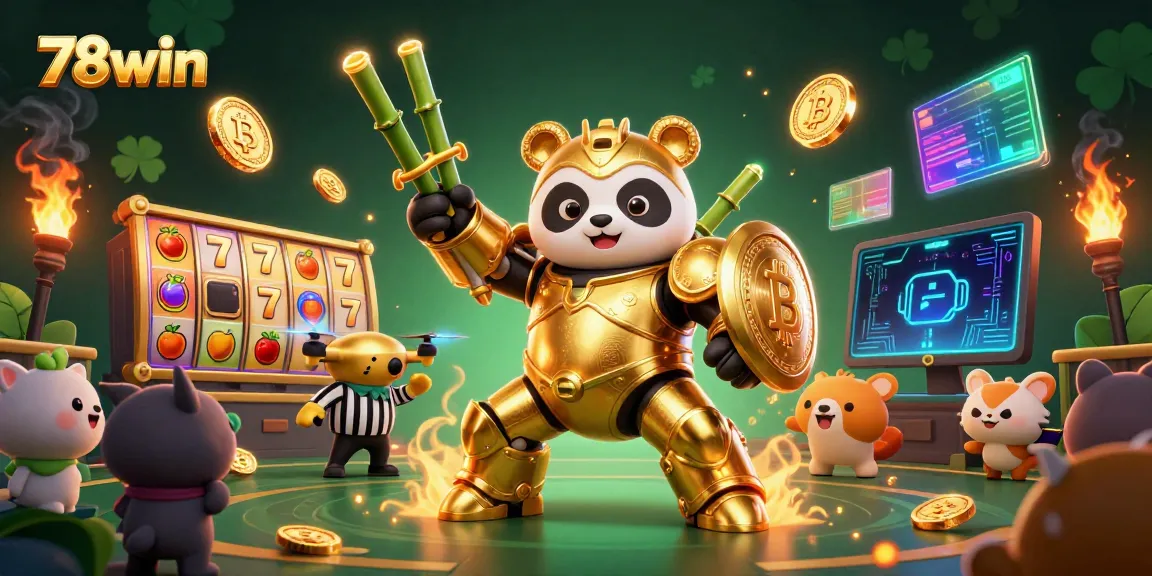 Experience the vibrant energy of 78win's casino world, featuring exciting slot elements and golden panda mech.