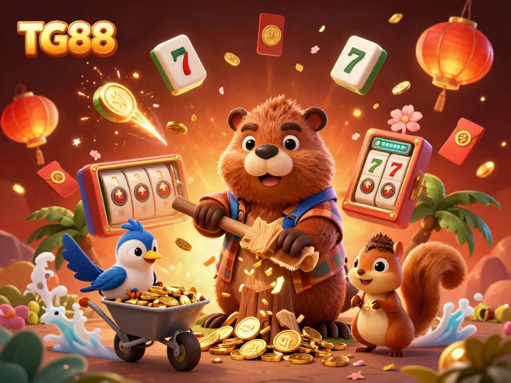 Experience excitement at TG88 with a lively scene of a beaver, bird, and squirrel celebrating gold coin wins.