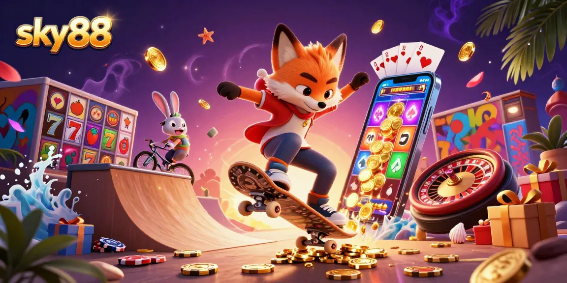 Engage with sky88 gaming excitement as a skateboarder fox flips over poker chips among vibrant slot game elements.