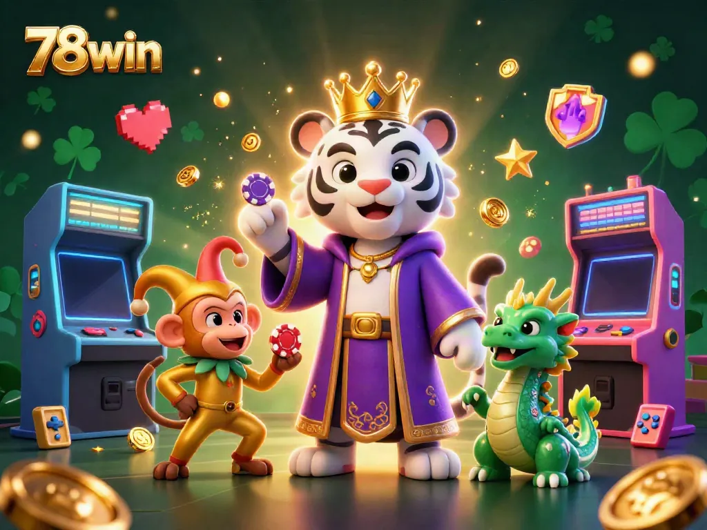 78win's vibrant gaming scene showcases a white tiger, monkey, and jade dragon amid casino-themed arcade elements.