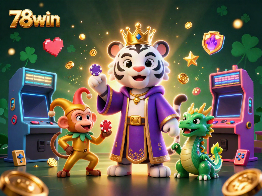 78win's vibrant gaming scene showcases a white tiger, monkey, and jade dragon amid casino-themed arcade elements.