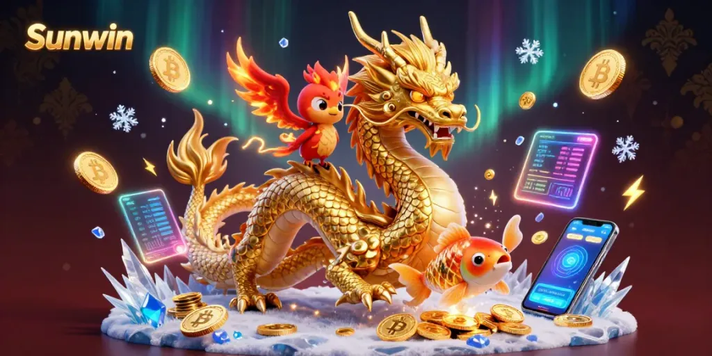 Experience thrilling wins at Sunwin with golden dragon and koi fish amidst coins and crypto elements.