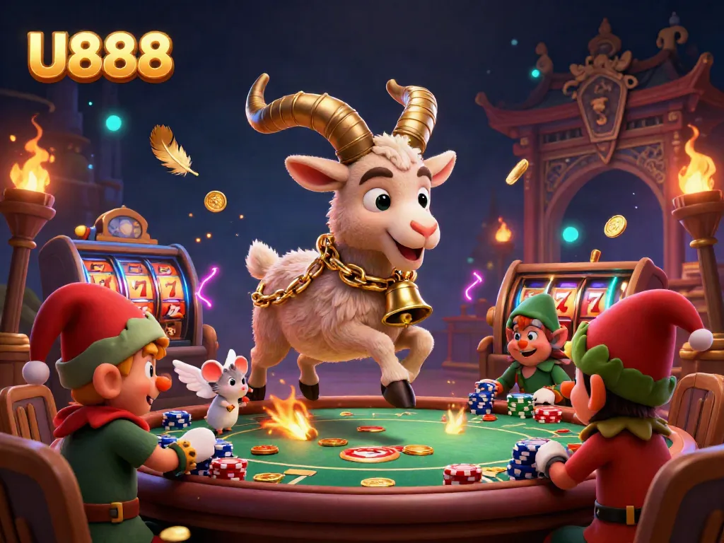 Experience casino excitement with U888's engaging 3D illustration of Krampus, angel mouse, and gremlins stealing chips.