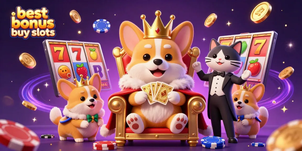 Explore the best bonus buy slots with vibrant 3D scenes filled with royal corgis, energetic slot elements, and captivating visuals.