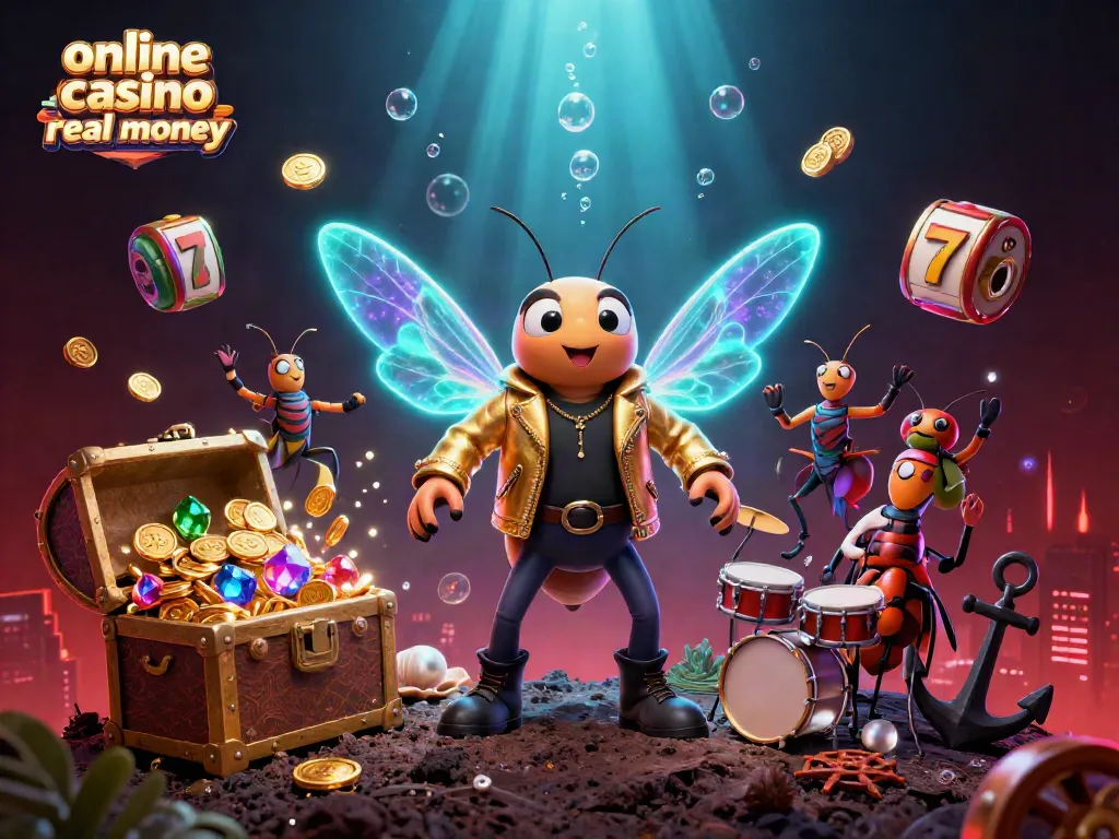 Experience online casino real money excitement with a cartoon cicada rock star, drummer, and vibrant slot reels.