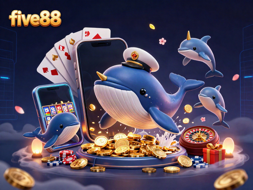 Experience thrilling gaming at five88 with a whimsical whale, narwhal, and playful dolphins in a vibrant casino setting!