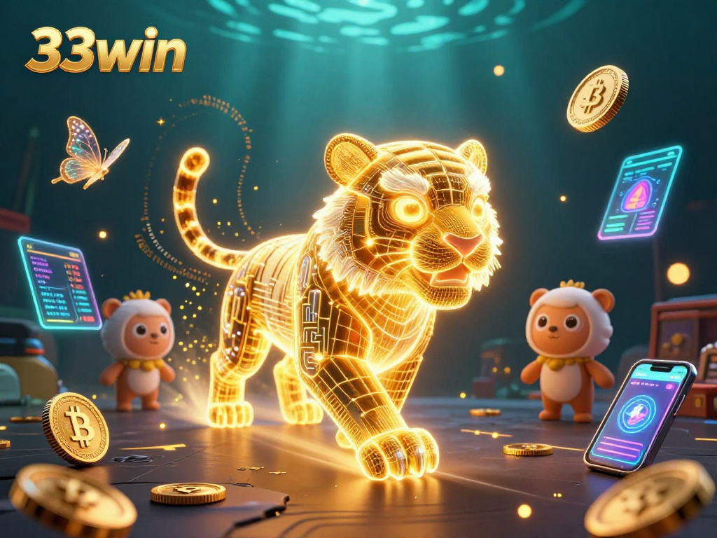 Join the excitement at 33win with a vibrant digital casino featuring a golden tiger and cryptocurrencies.