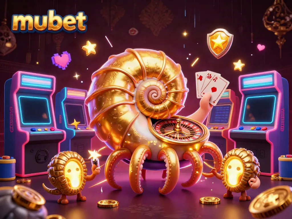 Engage with mubet in an exciting 3D casino scene featuring vibrant arcade elements and golden treasures.