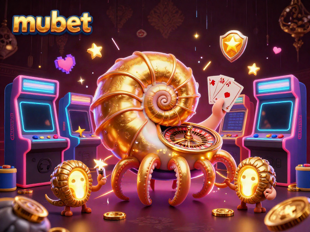 Engage with mubet in an exciting 3D casino scene featuring vibrant arcade elements and golden treasures.