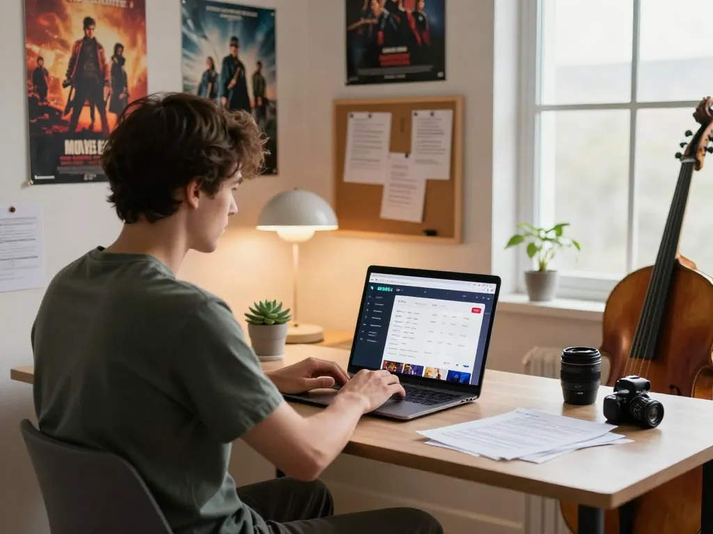 Using the movie box app for laptop in a modern, stylish home office.