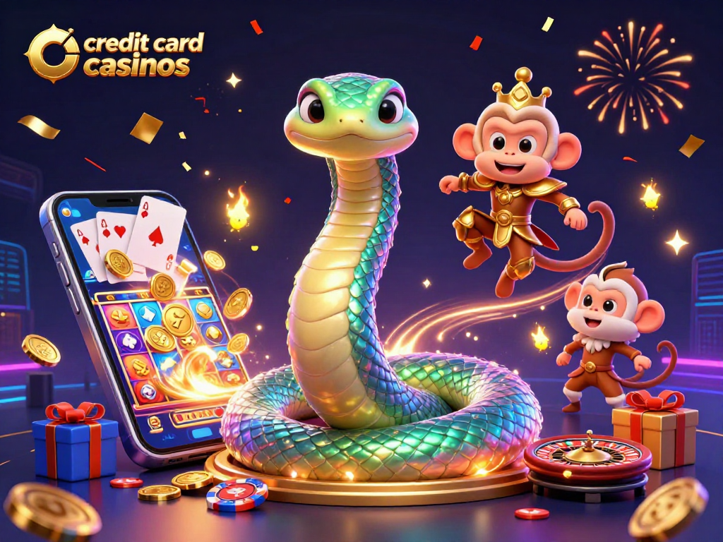Engage with thrilling credit card casinos featuring a vibrant serpent and monkey king amidst casino elements.