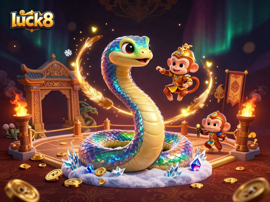 Experience luck8 fun with a vibrant scene featuring a playful monkey king and a colorful serpent among rich casino elements.