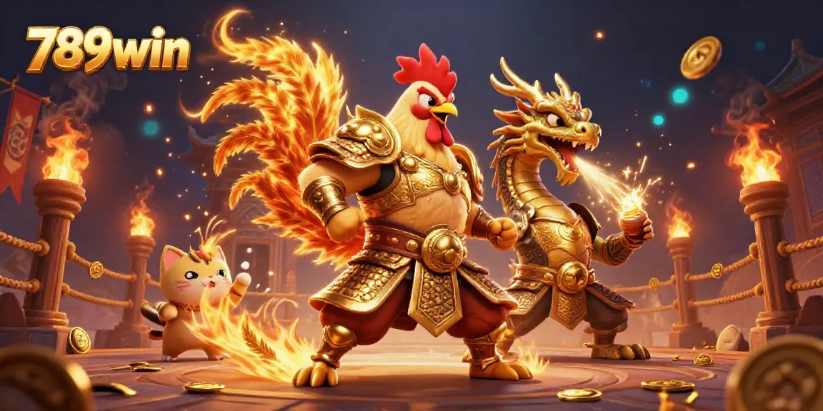 Engage in thrilling battles at 789win with a fiery rooster warrior and dragon, surrounded by golden gaming elements.