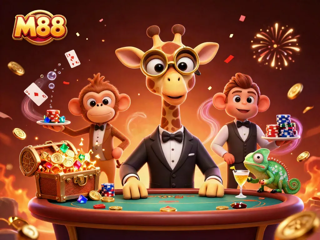 M88 high-roller giraffe and friends celebrate over a dynamic poker table scene, showcasing rich casino elements.
