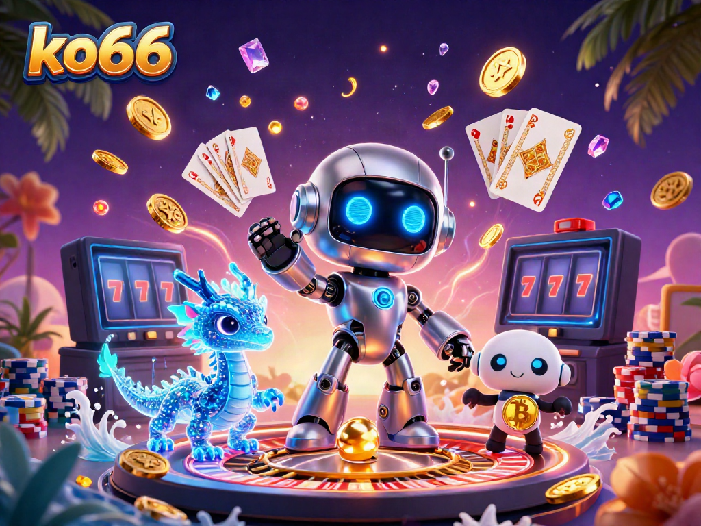 Vibrant ko66 casino scene featuring a cyberpunk robot, AI dragon, and bitcoin drone among dynamic gambling elements.