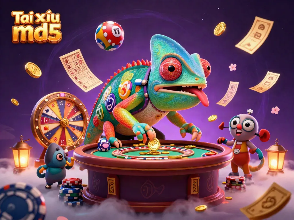 Experience the excitement of Tài xỉu md5 with a vibrant casino scene featuring a dynamic chameleon character.