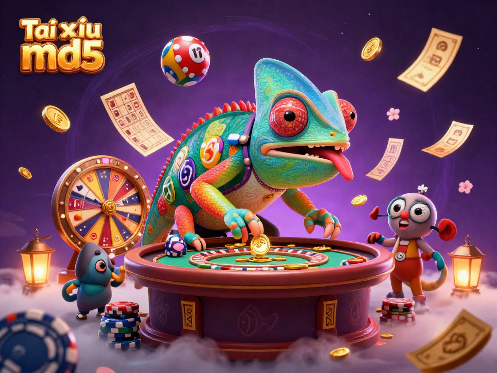 Experience the excitement of Tài xỉu md5 with a vibrant casino scene featuring a dynamic chameleon character.