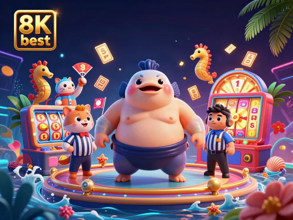 Engage with the thrilling 8K best casino scene featuring a fugu in a sumo belt amidst vibrant gaming elements.