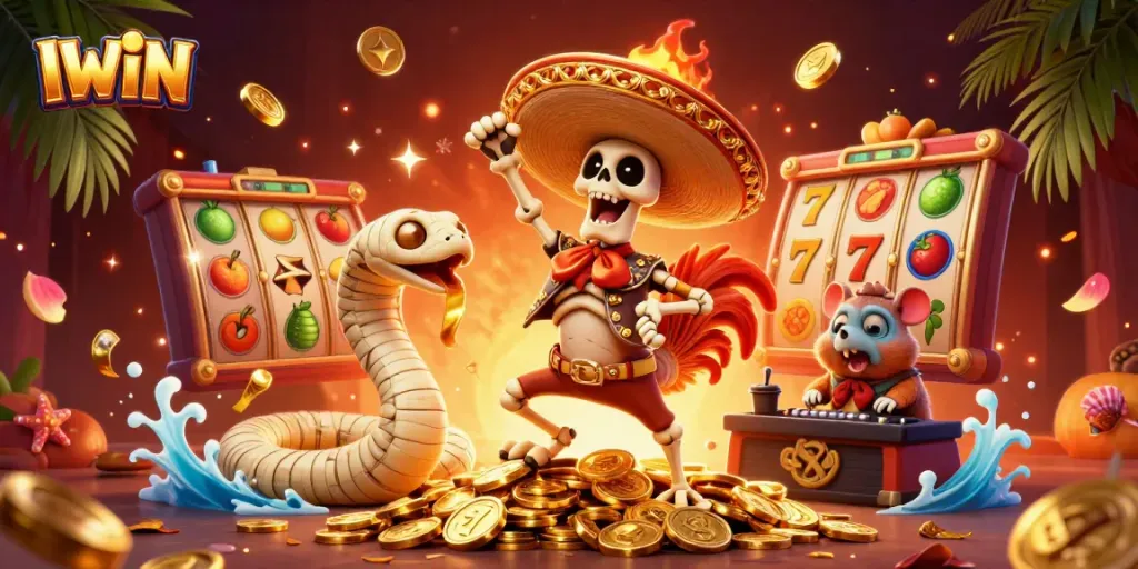 IWIN dances with casino characters among slots and golden coins in a vibrant 3D illustration.