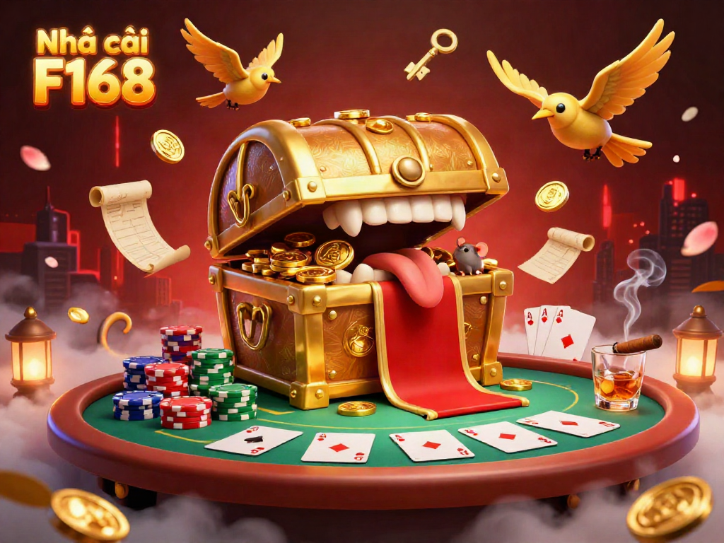 Engage with Nhà cái F168 in this vibrant 3D casino scene featuring dynamic poker elements and golden treasures.