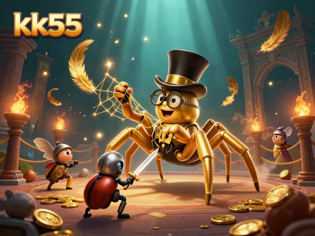 Join the adventure at kk55 with a golden tarantula and brave beetle knight amidst a vibrant casino scene.