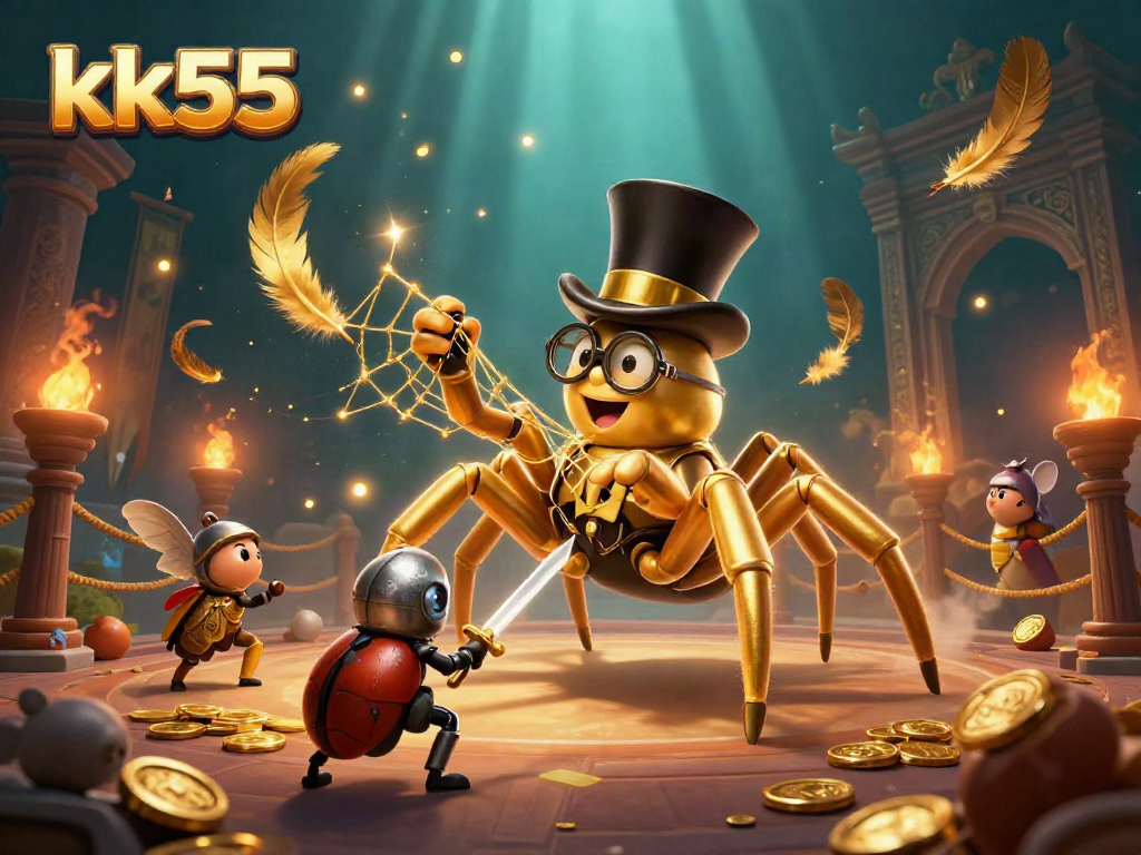 Join the adventure at kk55 with a golden tarantula and brave beetle knight amidst a vibrant casino scene.
