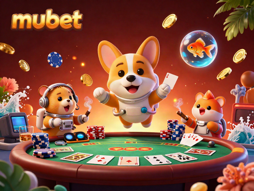 Join the thrilling mubet gaming experience with a playful corgi astronaut and colorful poker elements!