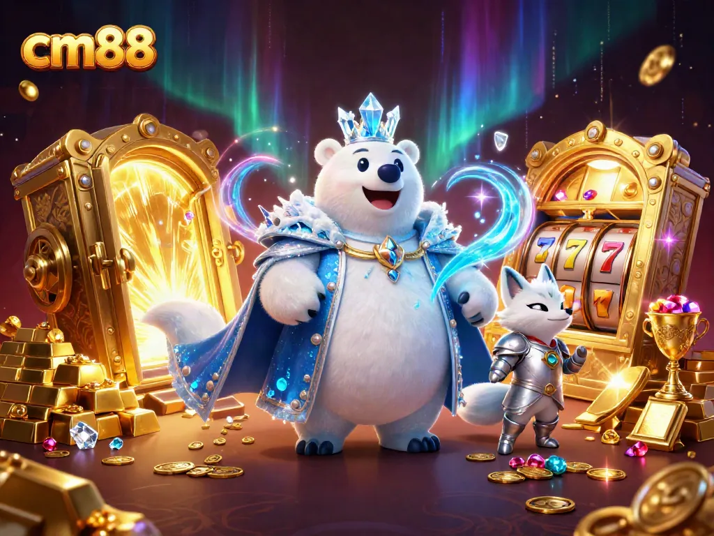 Spin the reels at cm88 with a majestic polar bear king and silver guardian, enjoying a vibrant casino universe.