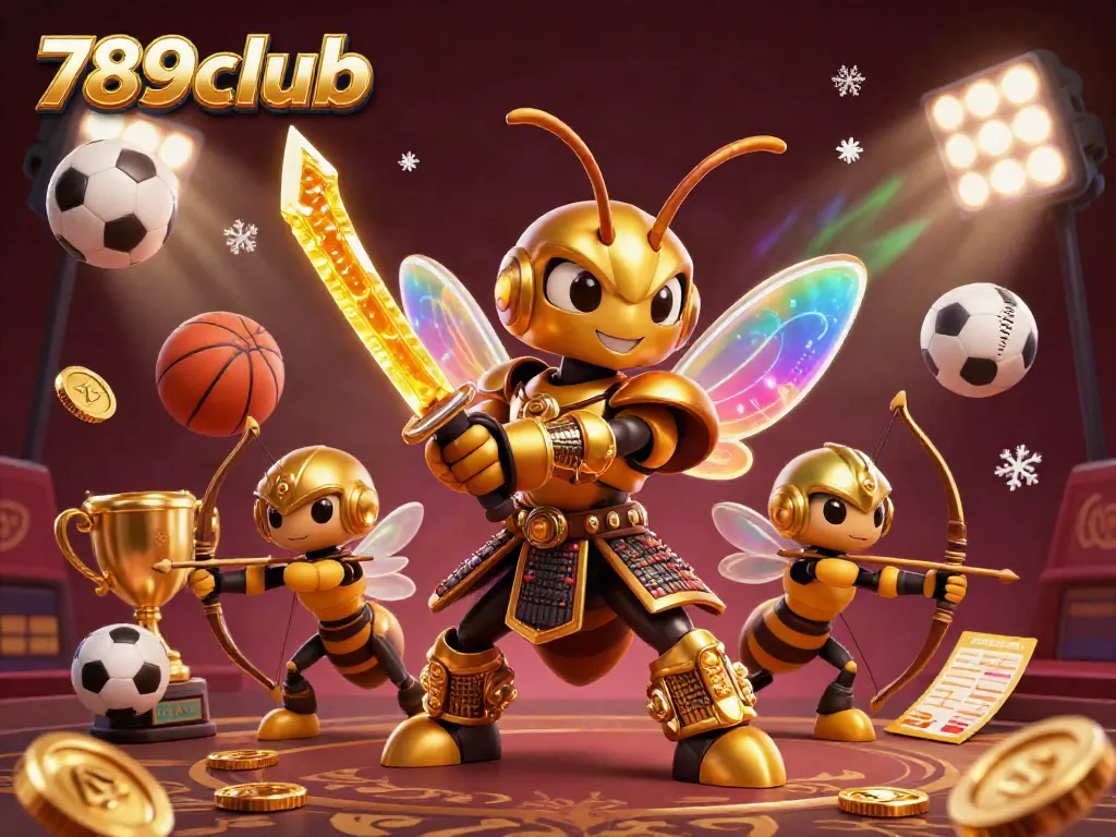 Engage in thrilling action at 789club with a vibrant scene of a golden hornet and bee archers amidst flying sports elements.